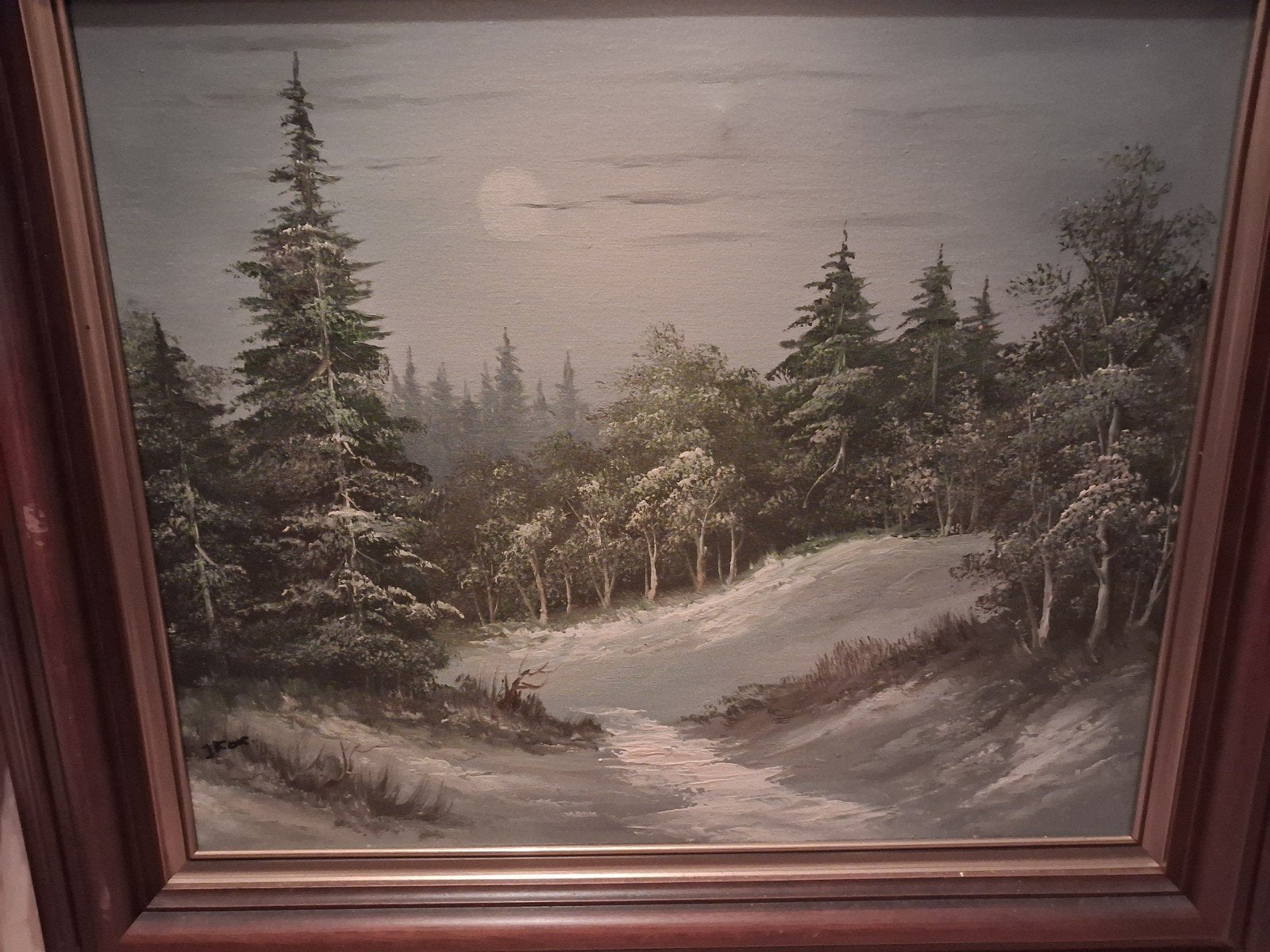 Sfeervol winters landschap schilderij met maanlicht, Ophalen