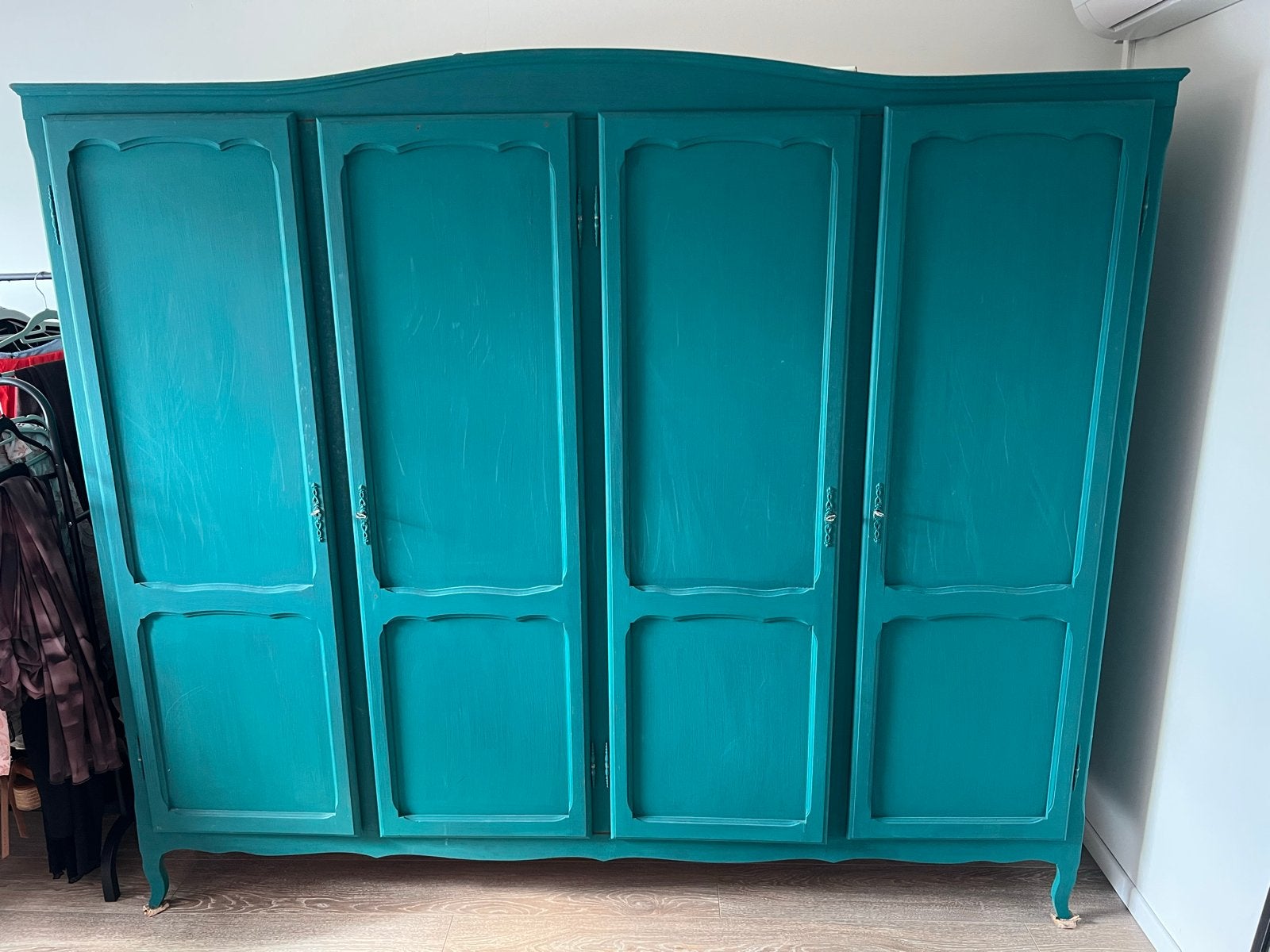 Grote vintage/brocante kledingkast (4-deurs) – Petrolblauw, Antiek en Kunst, Ophalen