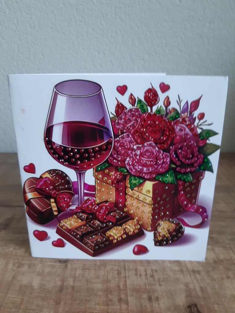 Diamond painting wenskaart met chocola en een glas rode wijn, Ophalen of Verzenden, Zo goed als nieuw, Overige thema's
