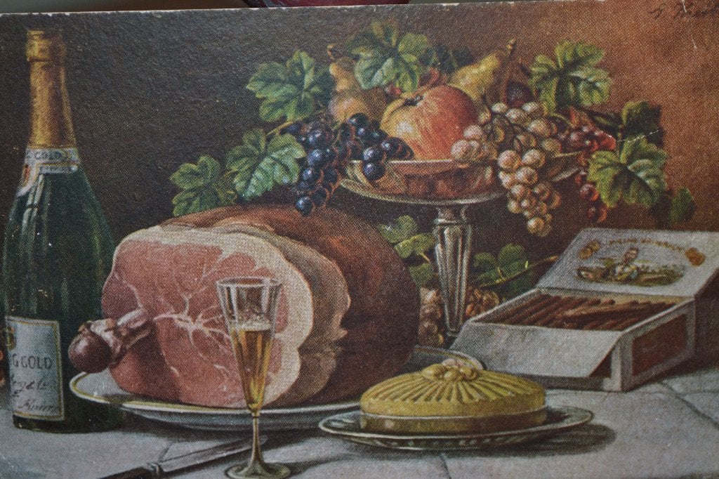 duitsland 1910 stilleven fruitschaal champagne ham sigaren, Ophalen of Verzenden, Voor 1920, Gelopen, Sterren en Beroemdheden