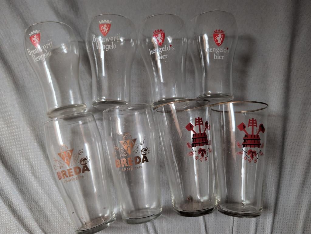 Set van 8 Bierglazen - o.a. Hengelo Bier en Breda Bier, Ophalen of Verzenden, Gebruikt, Glas of Glazen, Overige merken