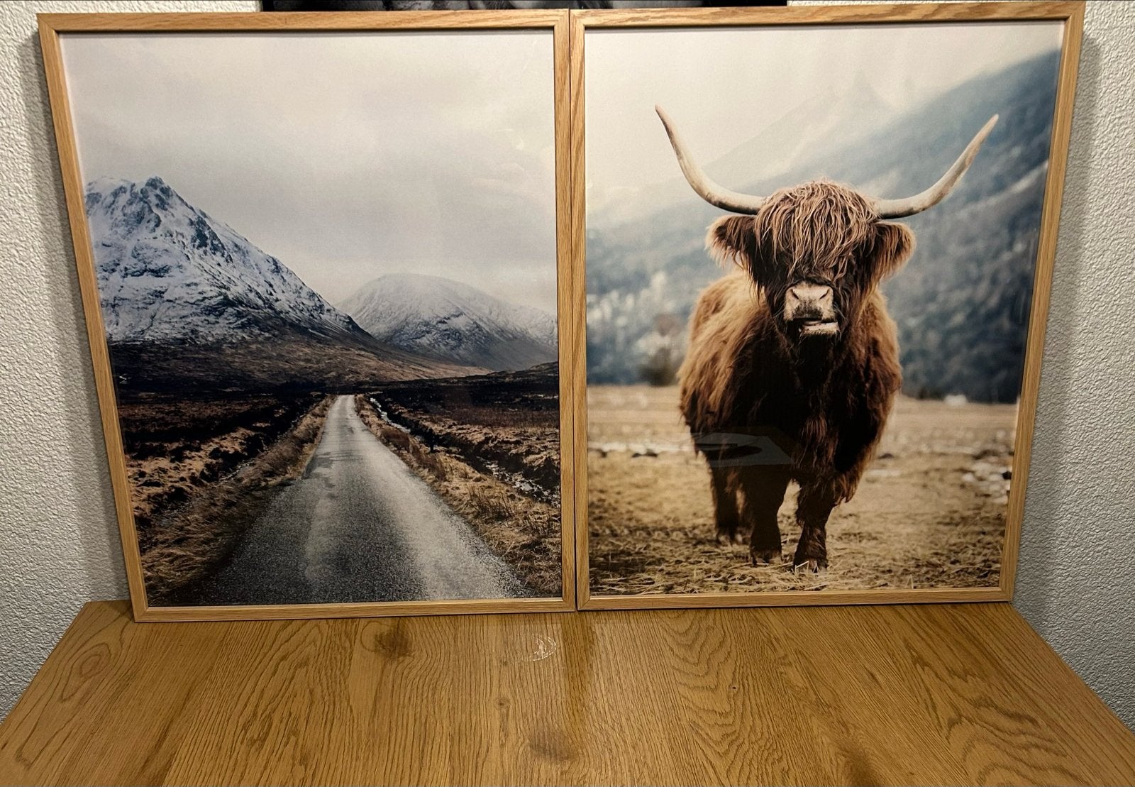 Ingelijste portretten: Schotse Hooglander en berglandschap, Ophalen, 50 – 75, Minder dan 50 cm, Zo goed als nieuw