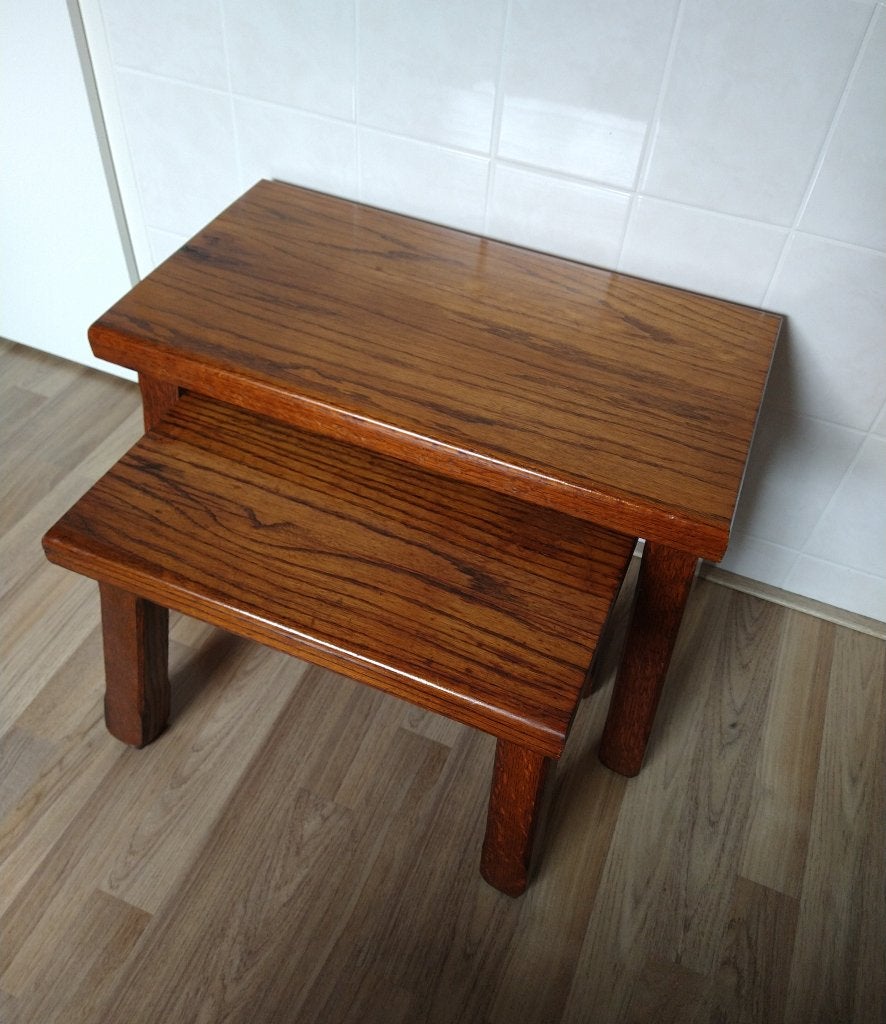 Bijzettafeltjes Brutalist massief eiken houten jaren 70, Gebruikt, Rechthoekig, Hout, Minder dan 45 cm