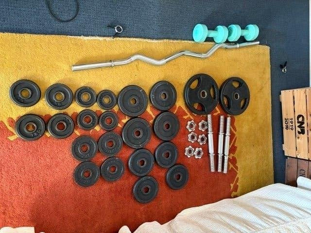 Complete Halterset met Gewichten en Stangen, Ophalen, Gebruikt, Rug, Halterset