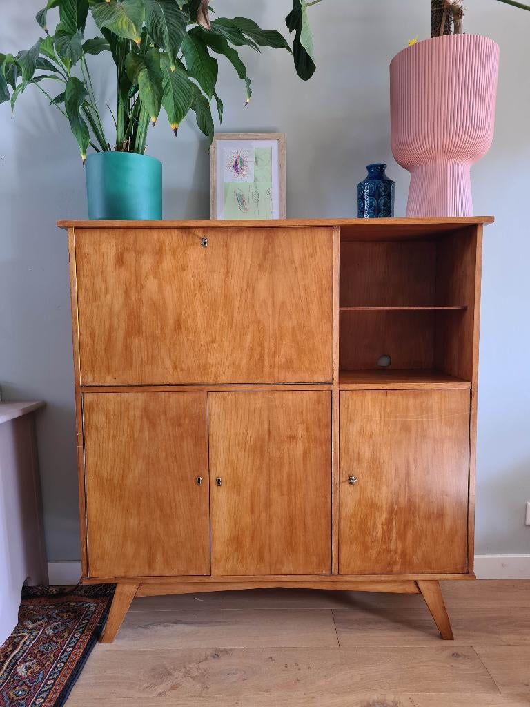 Vintage Highboard Jaren '60 | Mid-Century kast met bar, Ophalen, Gebruikt, 100 tot 150 cm, Met deur(en)