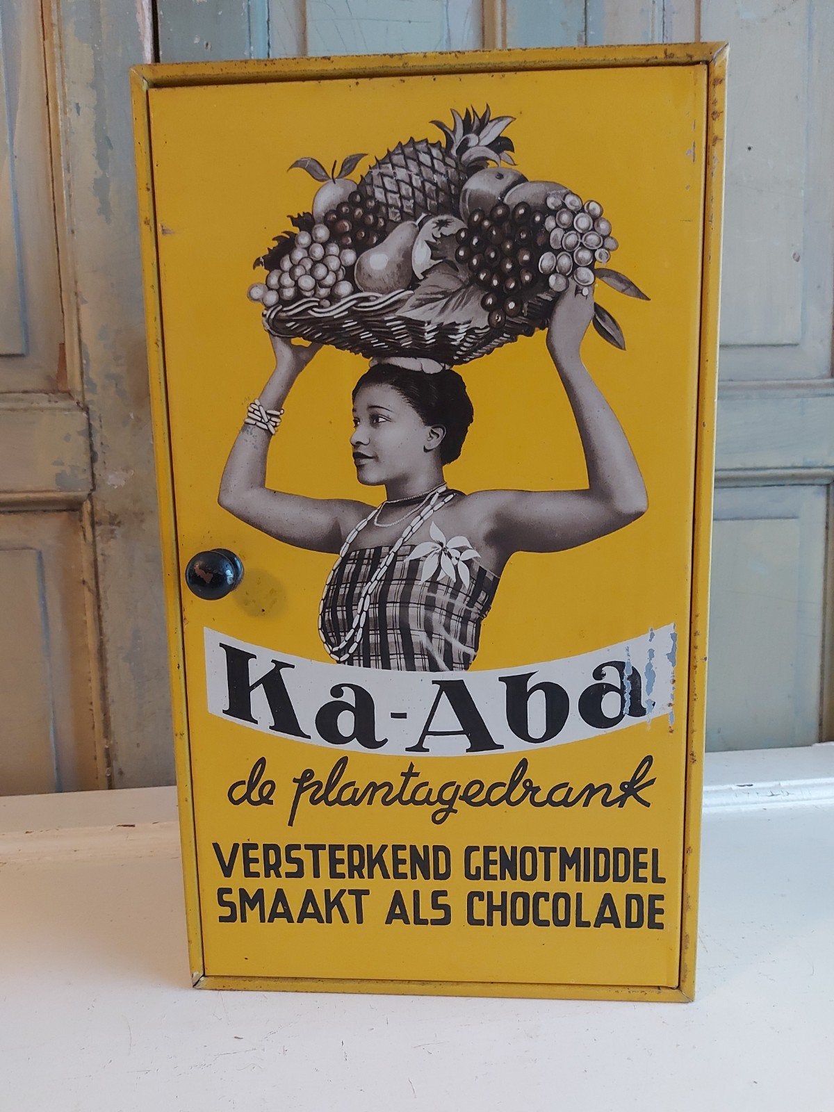 Antiek blikken reclame verkoopkastje, blik kastje KA-ABA, Ophalen of Verzenden, Gebruikt, Reclamebord