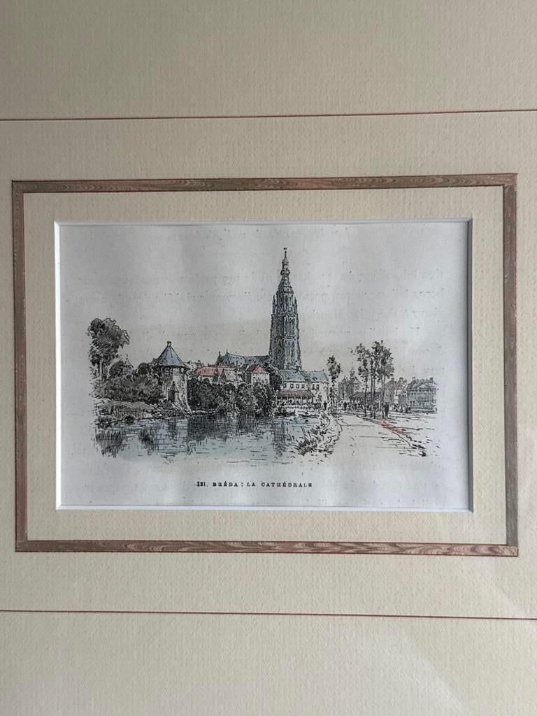 Antieke prent Breda: Onze Lieve Vrouwekerk (Kathedraal), Antiek en Kunst, Ingelijst, 1800 - 1899, Ets, Stadsgezicht