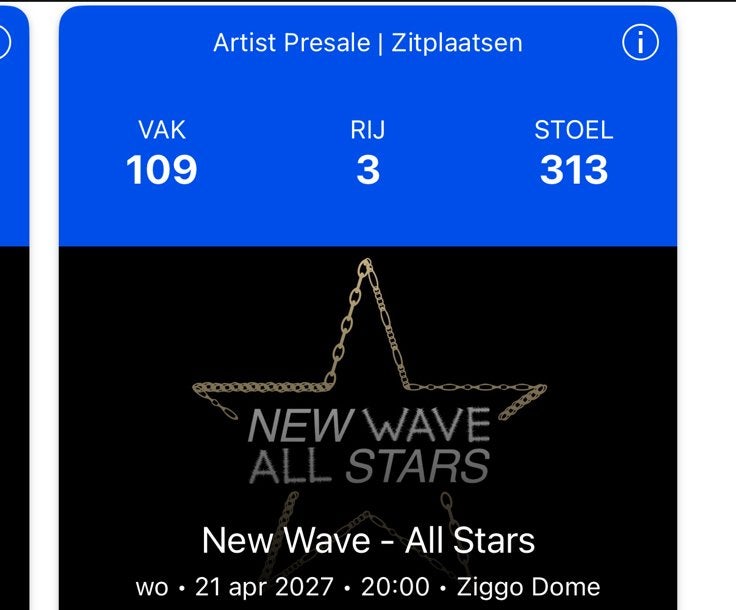 4x NEW WAVE TICKETS WOENSDAG 21 APRIL PREMIUM SEATS, Tickets en Kaartjes, Drie personen of meer, April