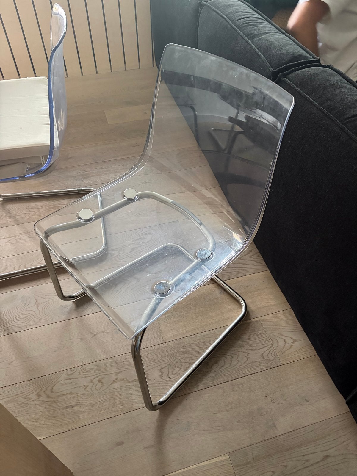 4 transparante stoelen met chromen onderstel, Ophalen, Kunststof, Gebruikt, Overige kleuren