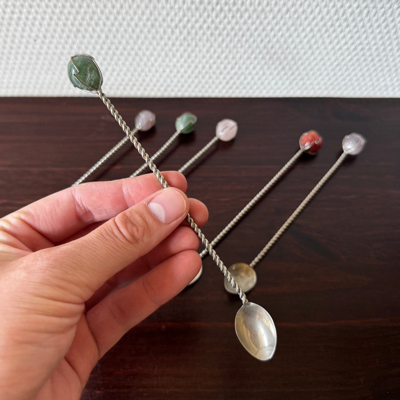 Vintage Verzilverde Longdrink Lepels met Edelstenen, Spoon, Gebruikt, Bestekset, Overige typen, Ophalen of Verzenden