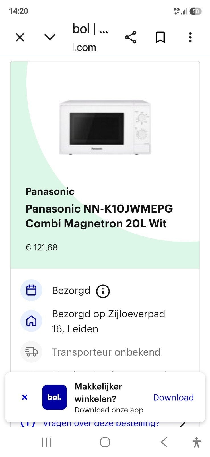 Panasonic NN-K10JWMEPG Combi Magnetron 20L Wit, Ophalen, Combimagnetron, Minder dan 45 cm, Grill
