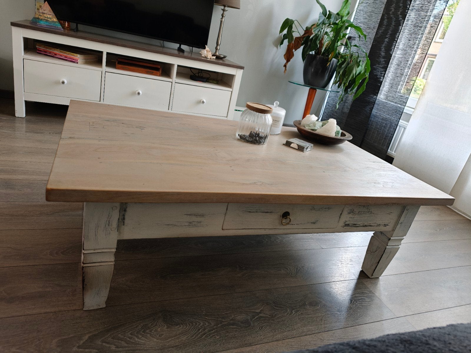 Robuuste salontafel met lade - landelijke stijl, Ophalen, Gebruikt, 100 tot 150 cm, Landelijke stijl, Shabby Chic