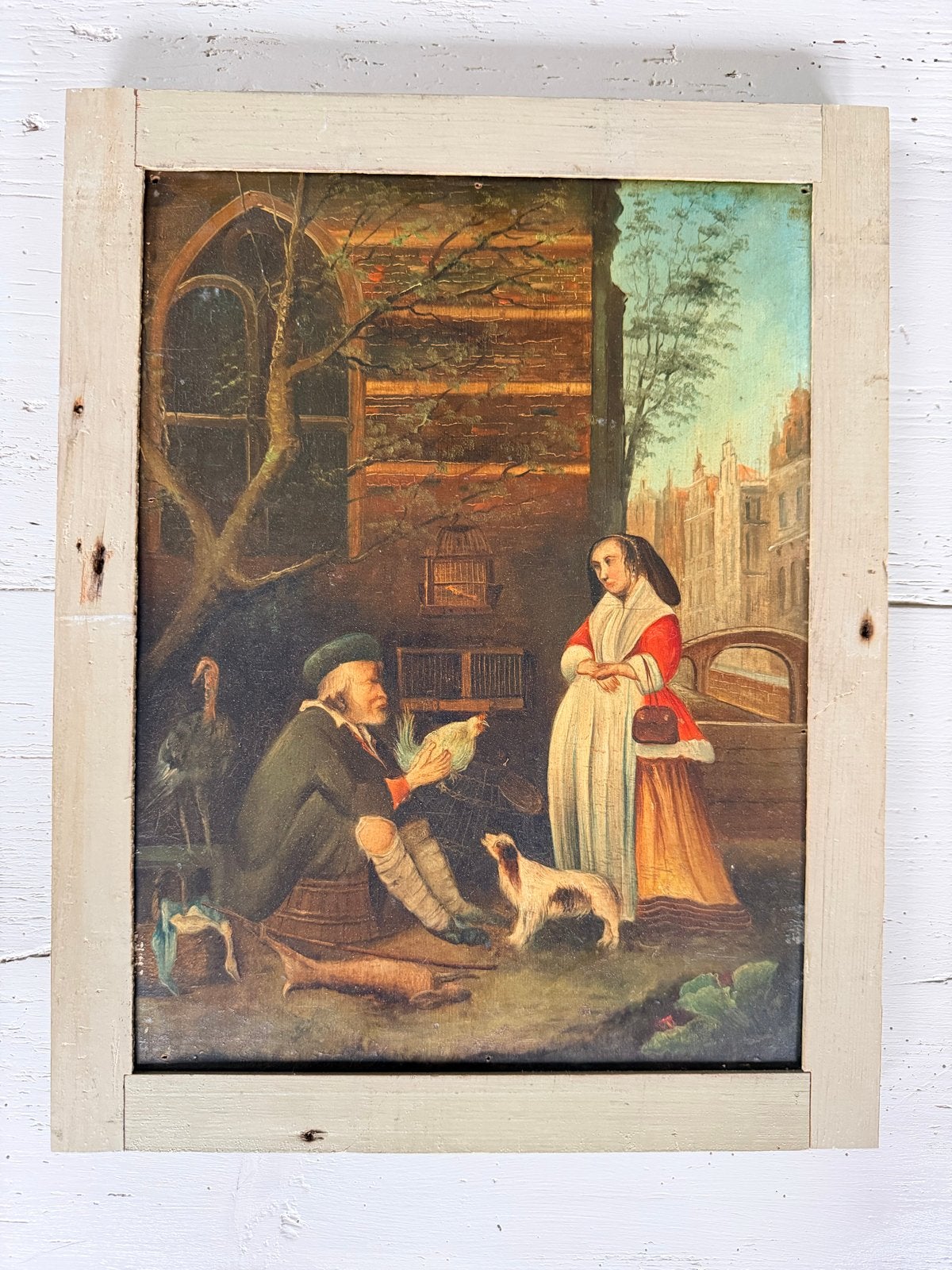 Oud Hollands tafereel: Man met kip en vrouw in stad, Paneel, Portret of Personen, Oud hollands, Ophalen of Verzenden