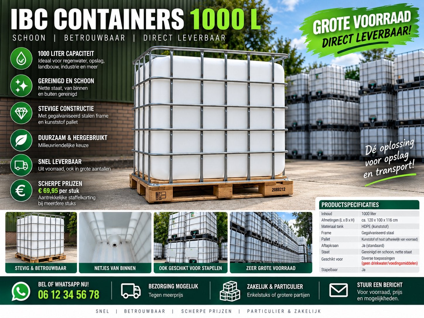 1000L IBC Container | Gereinigd & Schoon | Grote Voorraad, Ophalen
