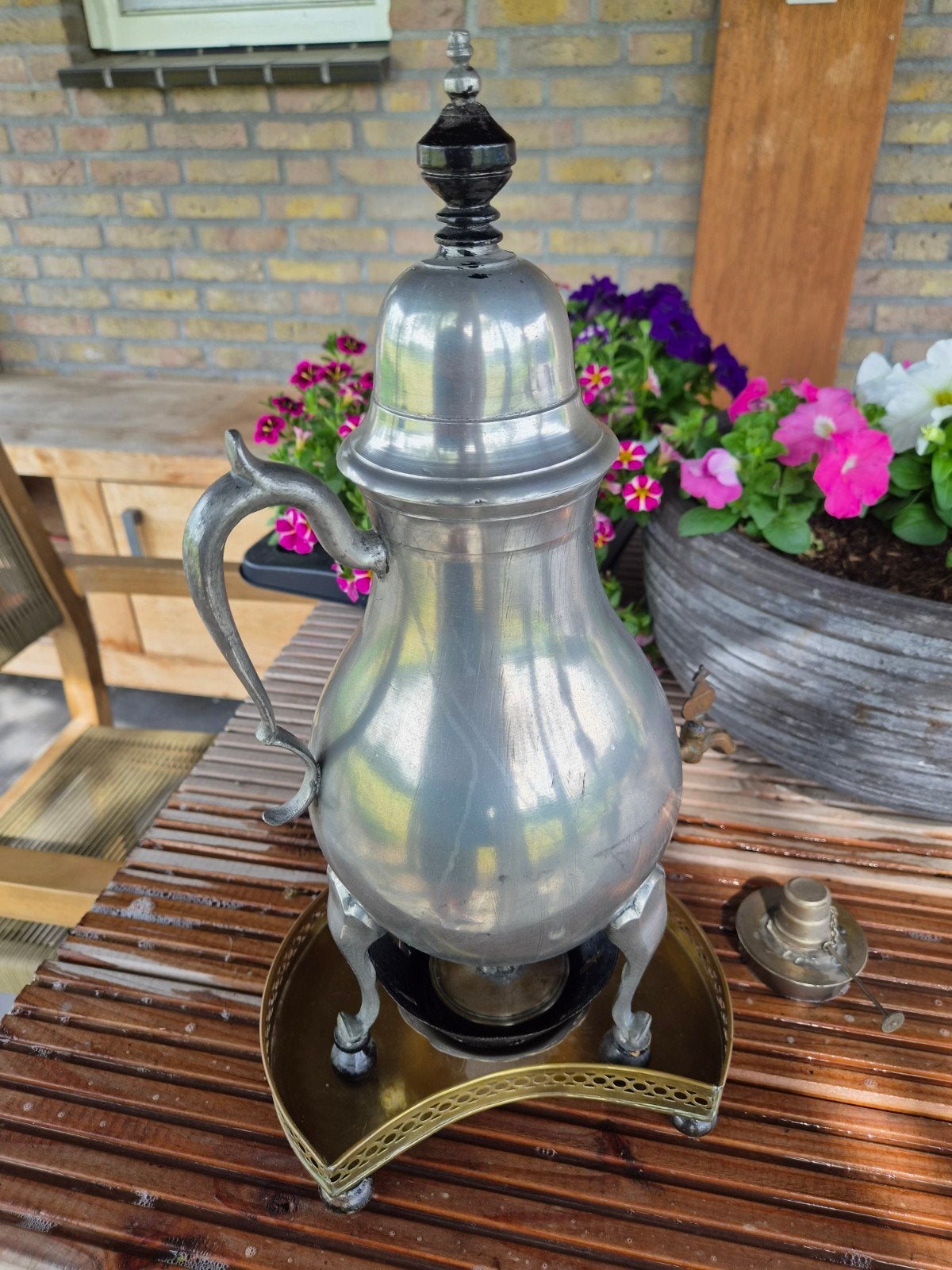 Antieke tinnen kraantjespot met brander - geen deuken, Antiek en Kunst, Ophalen of Verzenden
