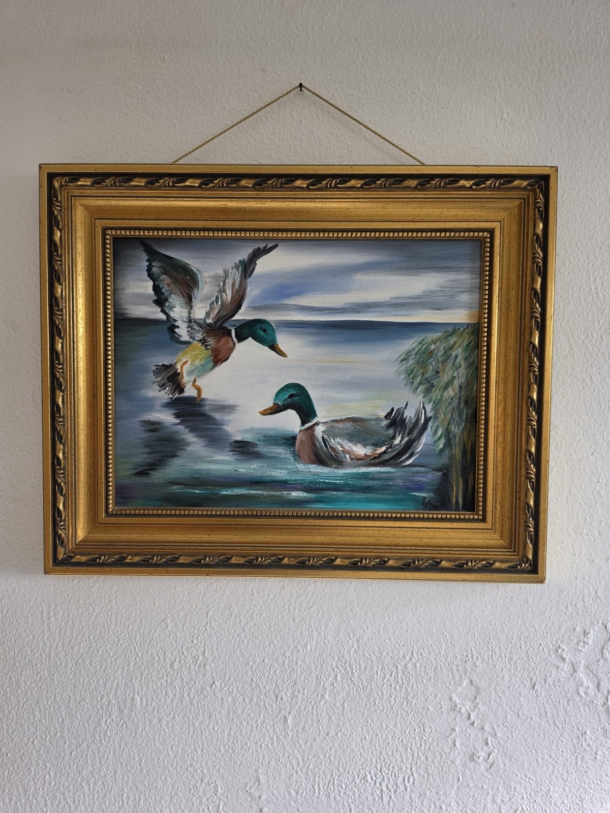 Schilderij met eenden in gouden lijst, Doek, Realistisch, Dieren, Ophalen of Verzenden