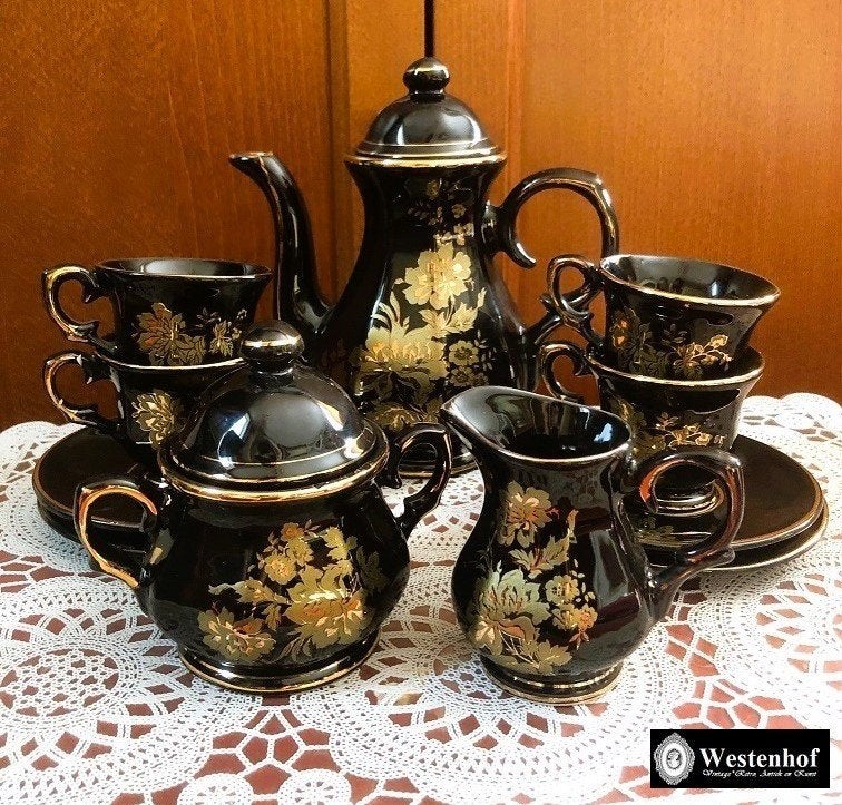 Set mokka - koffie - thee servies compleet porselein zwart, Ophalen of Verzenden