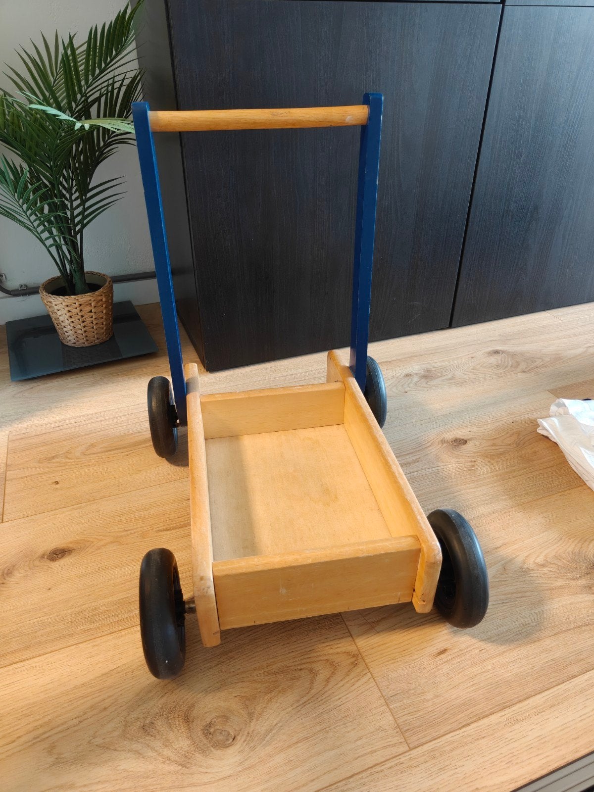 Houten loopwagentje met blauwe rand, Ophalen, Gebruikt, Overige typen, Met wieltjes