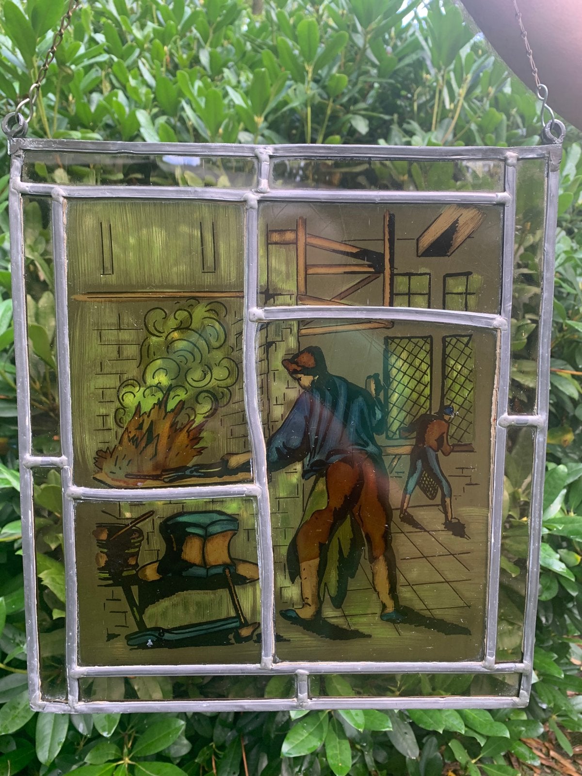 Glas in lood ambachtspaneel smid/hoefsmid, Ophalen of Verzenden, Zo goed als nieuw, Minder dan 50 cm, Schilderij