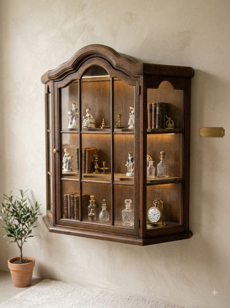 Antiek houten wandvitrinekast met gebogen kroonlijst, Ophalen, Met plank(en), Glas, Gebruikt