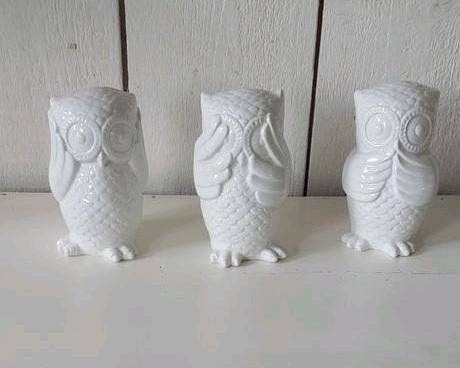 Horen Zien Zwijgen uil  wit 3 witte uilen horen zien zwijge, Huis en Inrichting, Ophalen of Verzenden