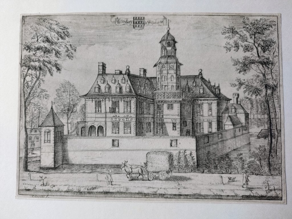 Gravure kasteel Plettenberg Nieuwegein, Antiek en Kunst, Stadsgezicht, 15 cm, 21 cm, 1600 - 1699