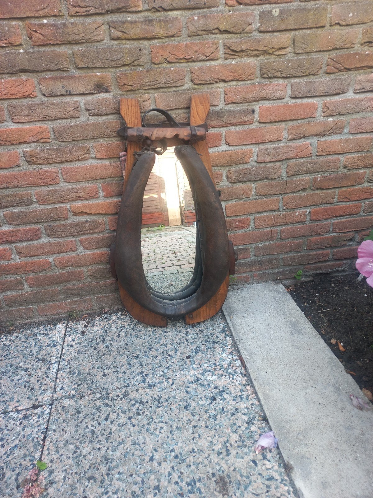 Antieke paardenjuk spiegel - Unieke decoratie, Ophalen, Overige vormen, 50 tot 100 cm, 100 tot 150 cm