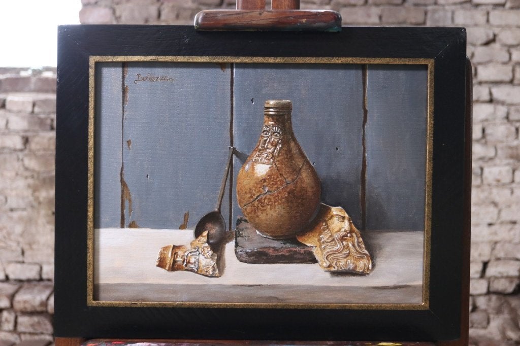 Stilleven baardmannetje en lepel – Marjolein van den Berg, Antiek en Kunst, Ophalen, Acrylverf, Gesigneerd, Stilleven