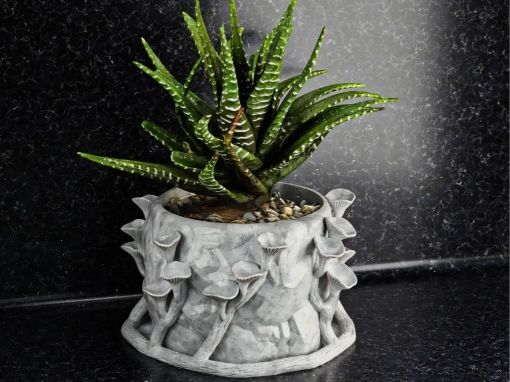 Unieke Bloempot met Paddenstoelen Design - Grijs Beton, 25 tot 40 cm, C, Rond, Binnen