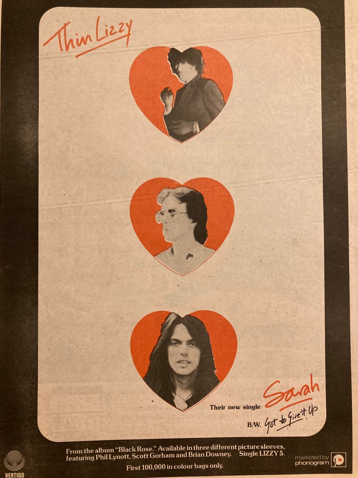 Paginagrote A3 advertentie THIN LIZZY Sarah release, Cd's en Dvd's, Vinyl | Hardrock en Metal, Ophalen of Verzenden, Zo goed als nieuw