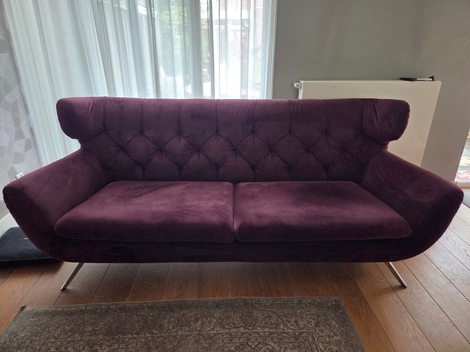 Bordeauxrode fluwelen bank en fauteuil set, Ophalen, Gebruikt, Driepersoons, 75 tot 100 cm