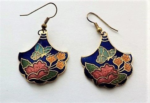 Prachtige cloisonne oorbellen bloemen met vlinder (7484-1026, Ophalen, Nieuw, Overige kleuren, Overige materialen