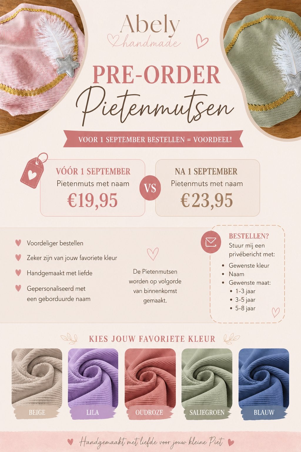 Handgemaakte Pietenmuts met naam - Abely Handmade, Ophalen of Verzenden, Nieuw, Jongen of Meisje
