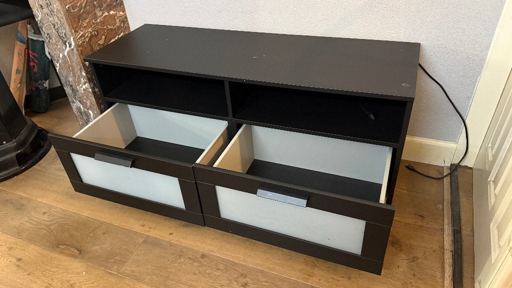 IKEA BRIMNES TV-meubel zwart met 2 lades, Ophalen, 100 tot 150 cm, Zo goed als nieuw, Minder dan 100 cm