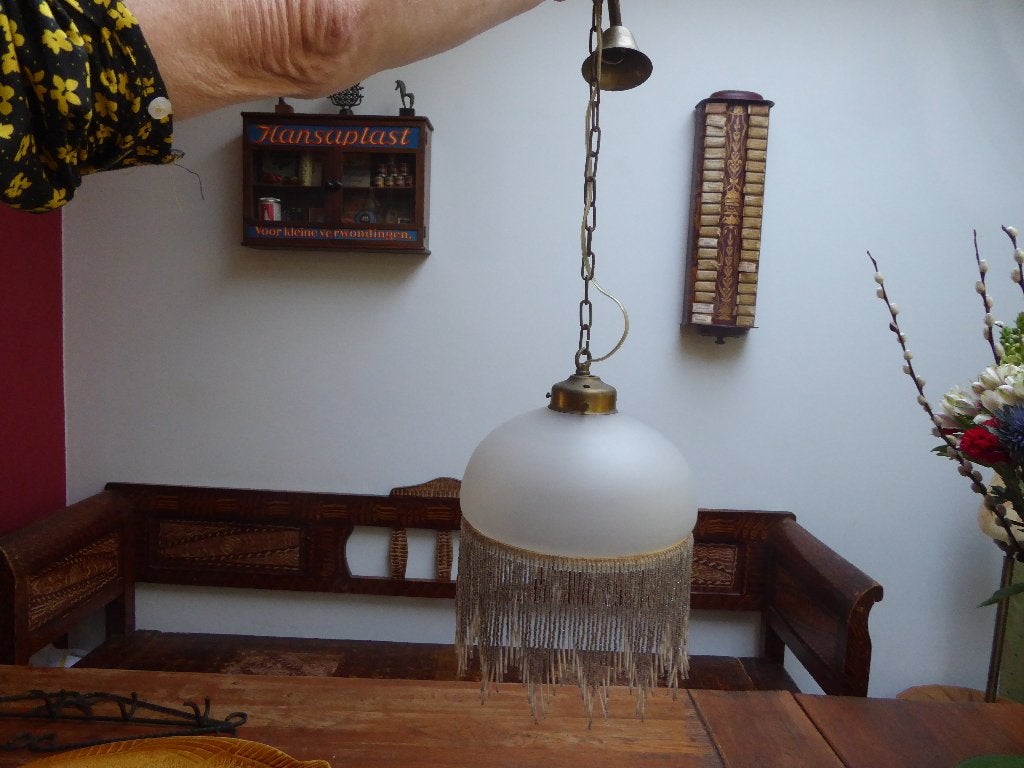 Art deco matglazen lamp met kralenrand, Ophalen of Verzenden