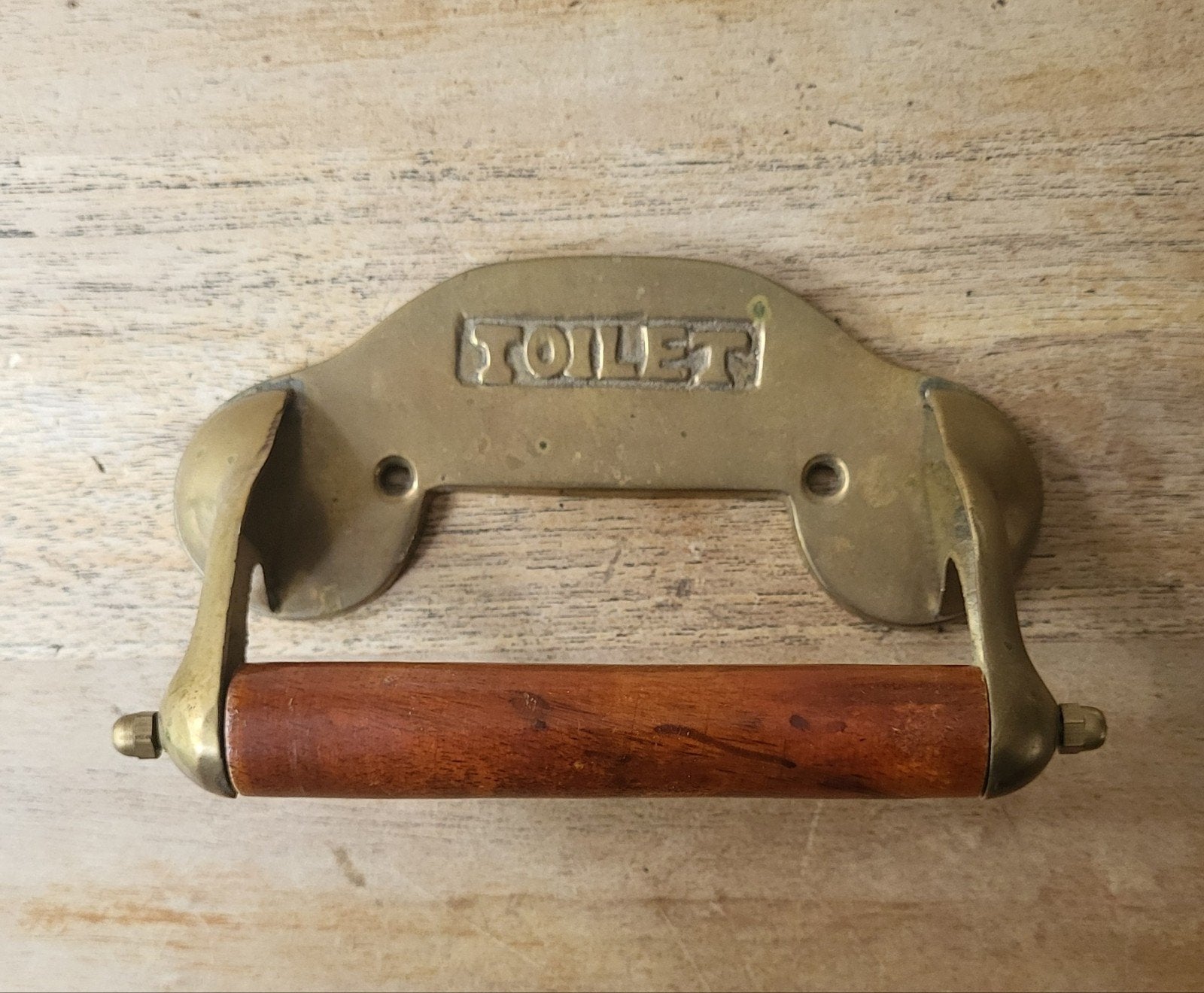 Messing / houten wand toiletrolhouder, Ophalen of Verzenden, Gebruikt, Overige materialen, Vintage