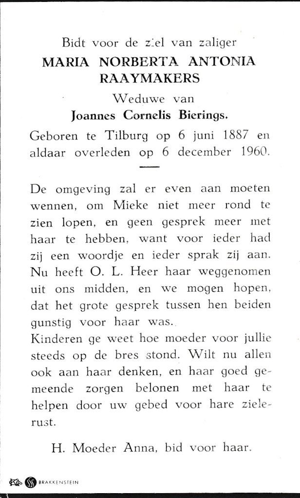 Raaymakers Maria 1887 Tilburg 1960, Ophalen of Verzenden, Bidprentje