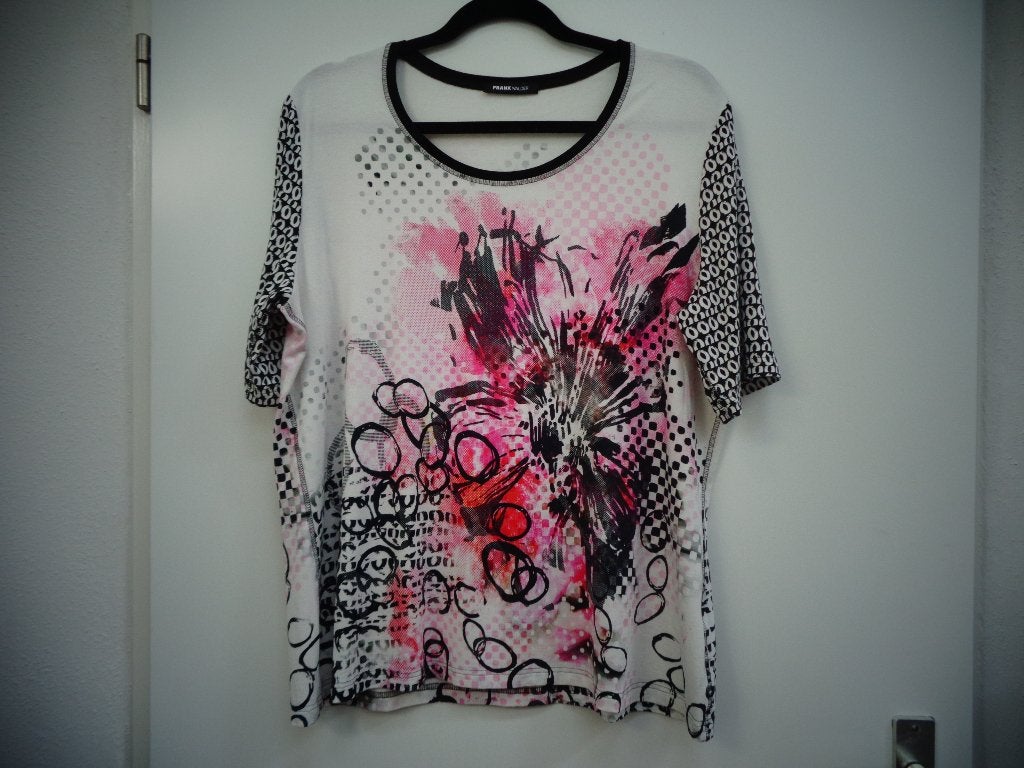 Frank Walder top met korte mouw, wit zwart roze, maat 46, Meerkleurig, Maat 46/48 (XL) of groter, Ophalen of Verzenden, Zo goed als nieuw