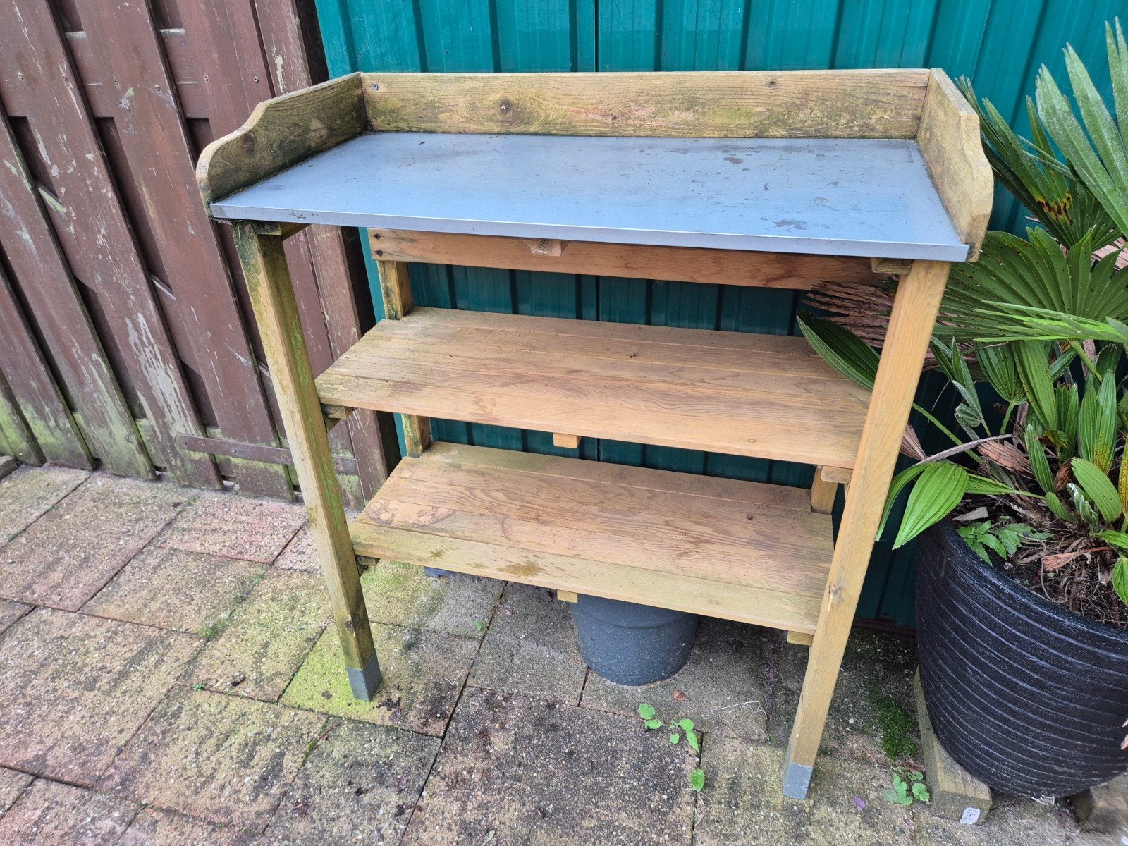 Houten oppottafel met zinken blad en twee planken, Ophalen, Gebruikt