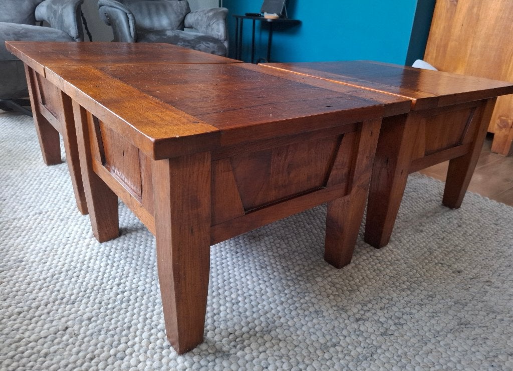 Set van 3 teakhouten salontafels., Ophalen, 50 tot 100 cm, 50 tot 100 cm, Zo goed als nieuw