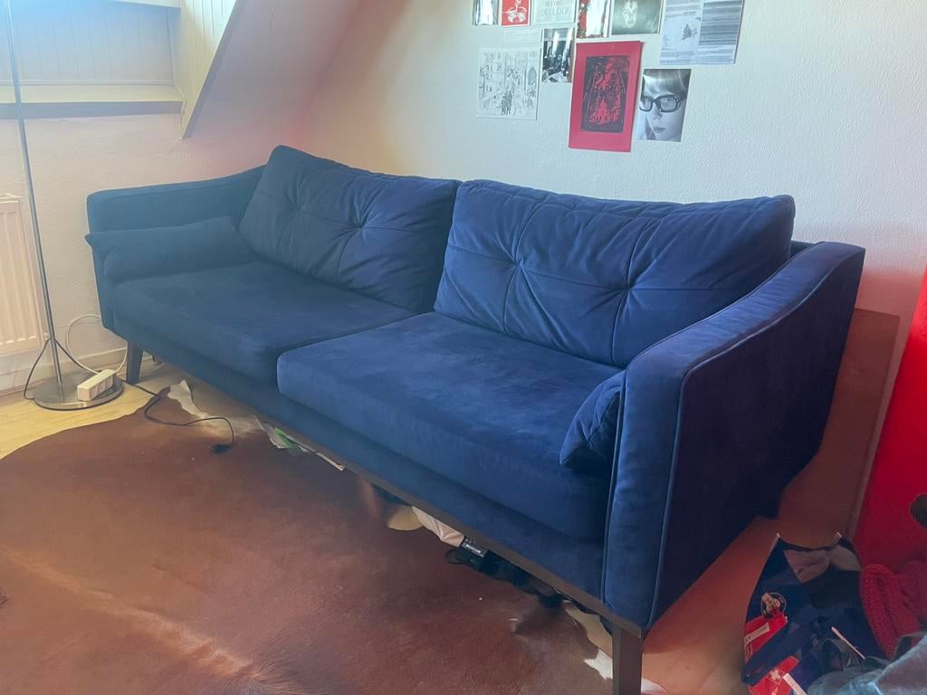 Donkerblauwe Velvet-Bank, Ophalen, Vintage, Driepersoons, 75 tot 100 cm