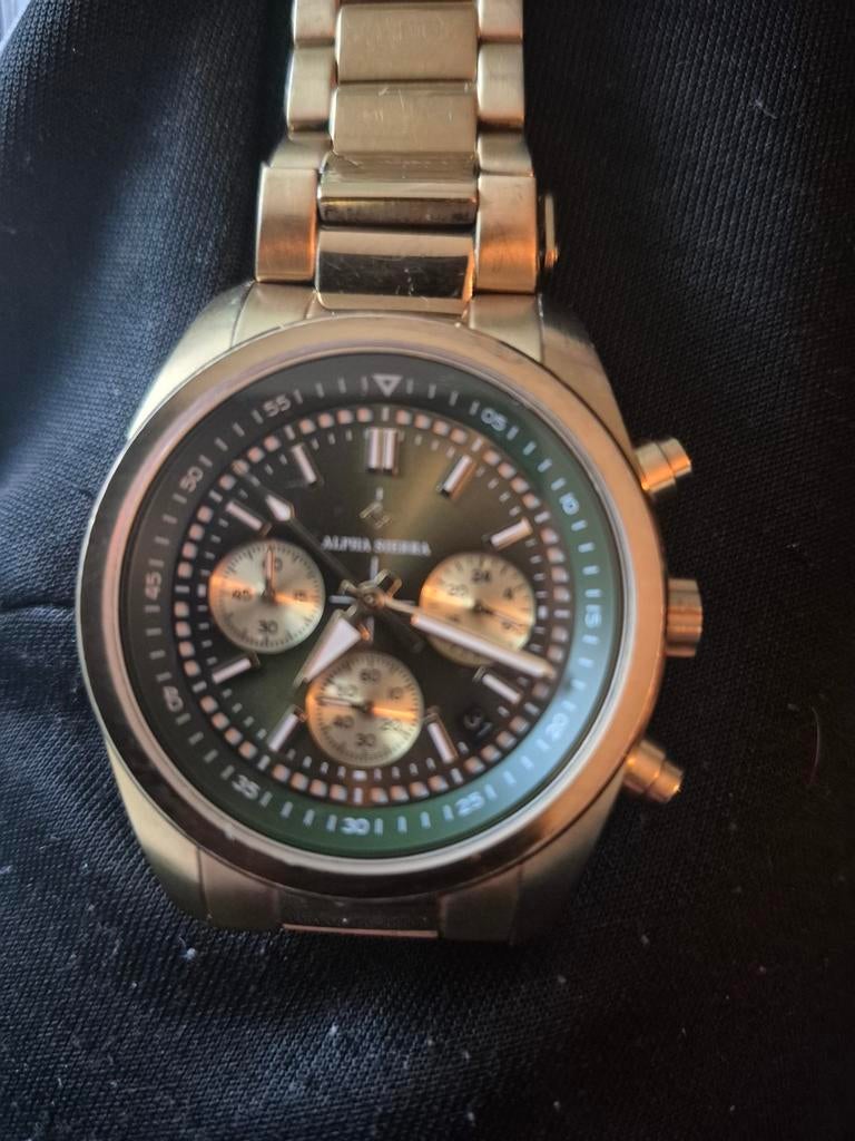 Alpha Sierra Herenhorloge - Goudkleurig met Groene Wijzerpla, Ophalen of Verzenden