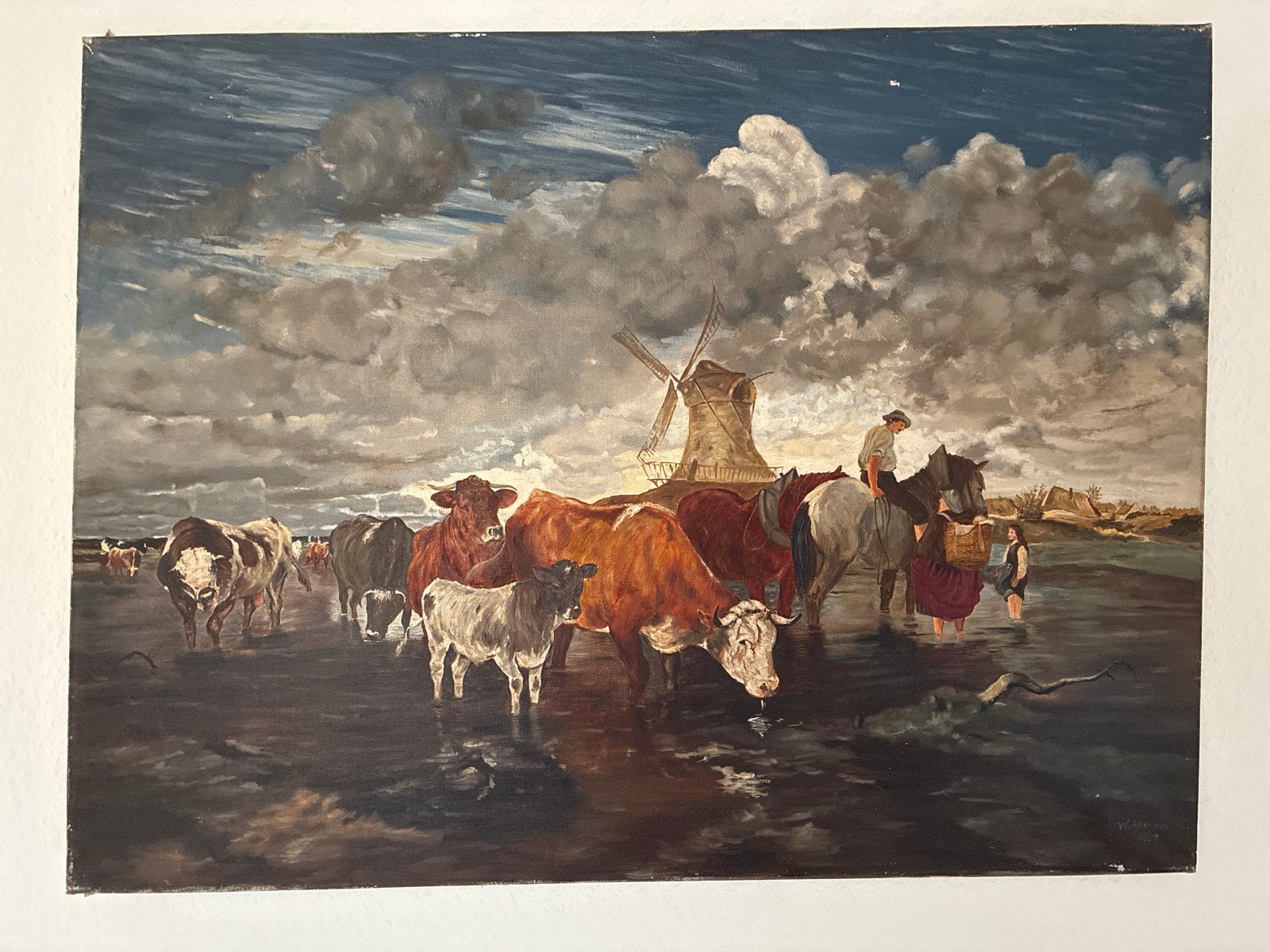 Olieverfschilderij W. Aberson 1949 - Koeien en molen, Ophalen, Gedateerd, Doek, Realistisch