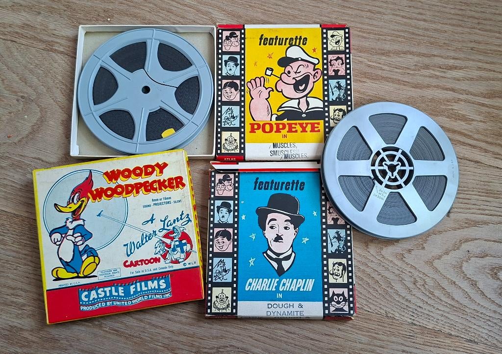 3x8mm film Chaplin, Woodpecker en Popeye, Audio, Tv en Foto, Filmrollen, Ophalen of Verzenden, 8mm film