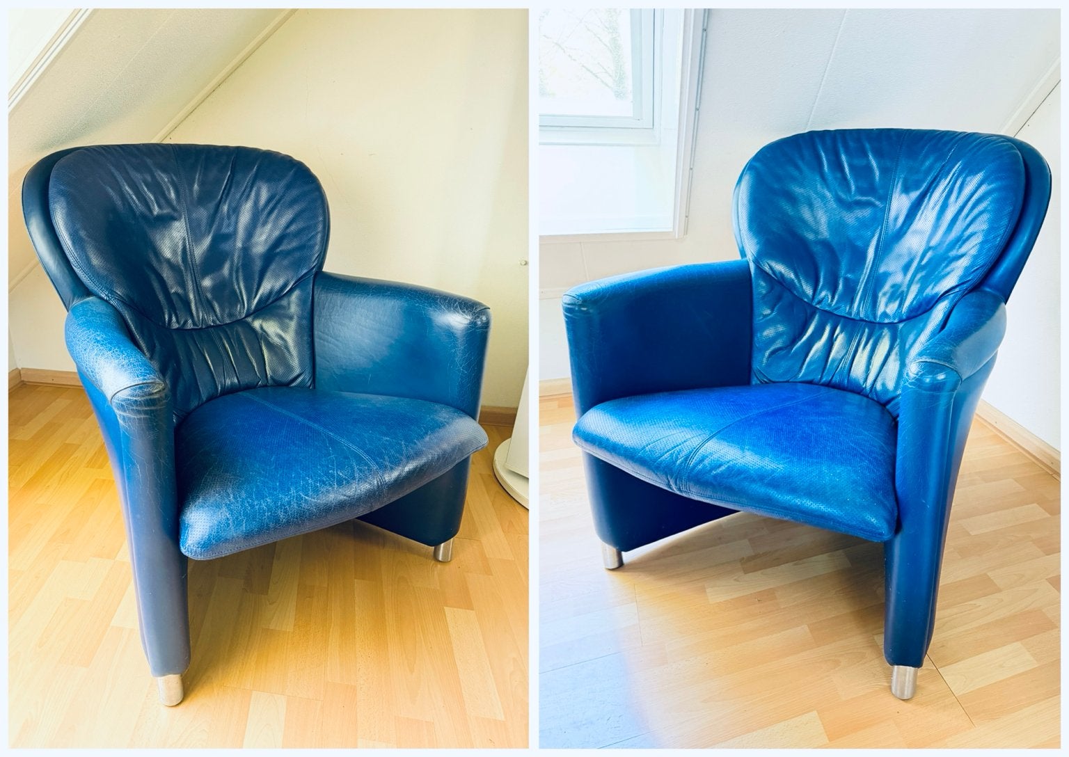 * 2 blauwe Design fauteuils van LEOLUX Model Excalibur, Ophalen, Gebruikt, 75 tot 100 cm, Vintage LEOLUX Excalibur
