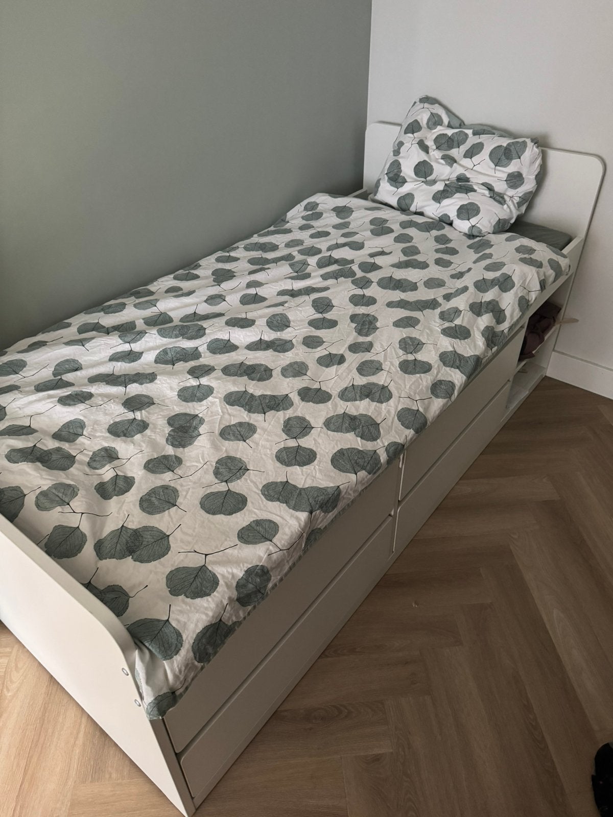 Ikea slakt bed frame w storage + slatted bedbase, white, Ophalen, 200 cm of meer, 50 tot 100 cm, Zo goed als nieuw