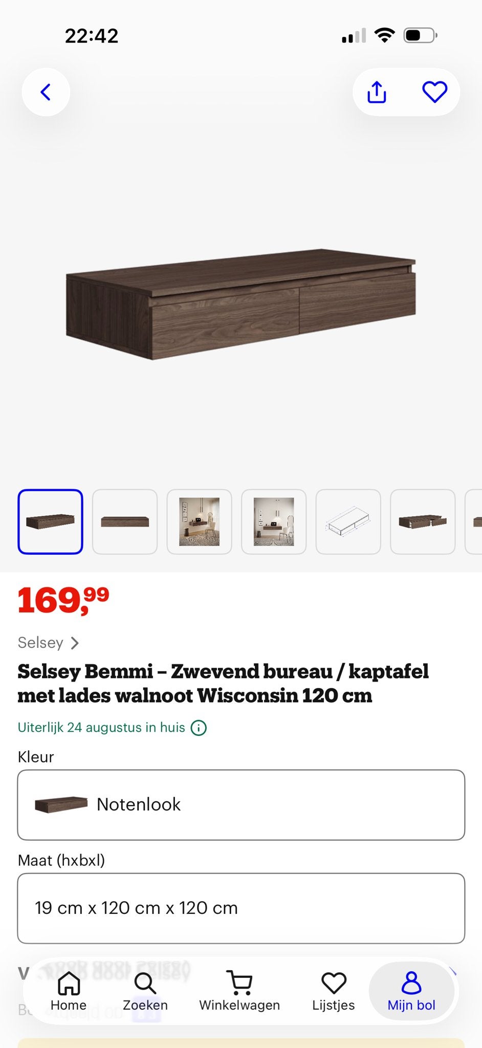 Selsey Bemmi Zwevend Bureau/Kaptafel met Lades Walnoot, Ophalen, 100 tot 150 cm, Nieuw, Minder dan 100 cm