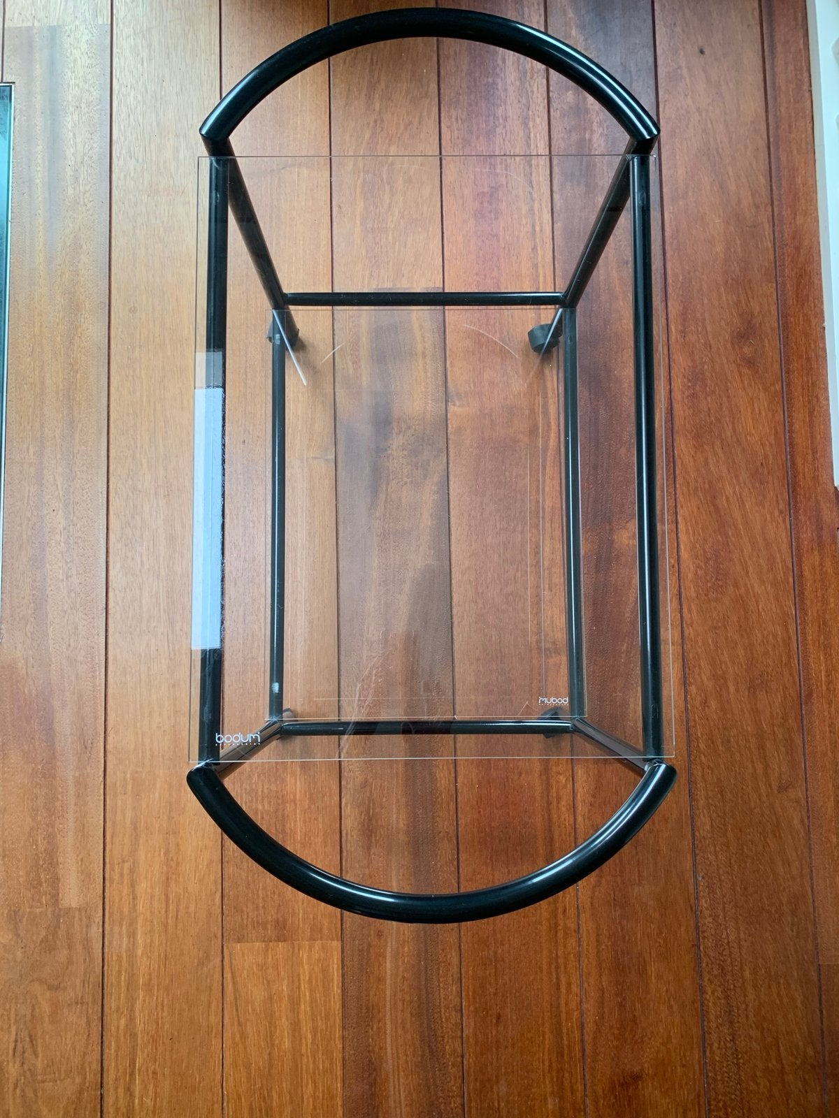 Vintage Bodum bijzettafel met glas en kunststof frame, 45 tot 60 cm, Gebruikt, Ophalen of Verzenden, Glas