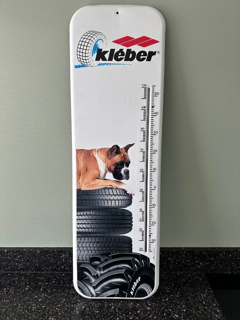 Mooie blikken KLEBER banden thermometer bord. 97 x 30 cm., Ophalen of Verzenden, Gebruikt, Reclamebord