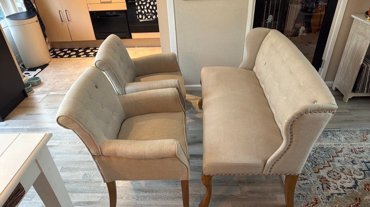 Prachtige Riviera Maison eetkamerstoelen +bankje, Ophalen, Twee, Bruin, Stof